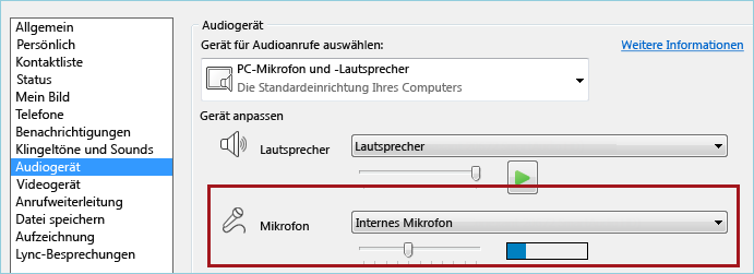 Screenshot der Mikrofonüberprüfung in Lync Audio