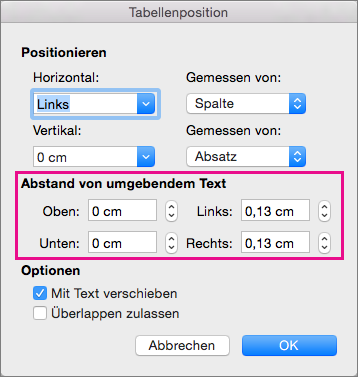 Legen Sie den Abstand zwischen der markierten Tabelle und dem Textkörper unter "Abstand von umgebendem Text" fest.