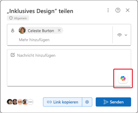 Screenshot des Freigabefensters "Copilot in Word" mit der Option zum Generieren einer KI-Zusammenfassung