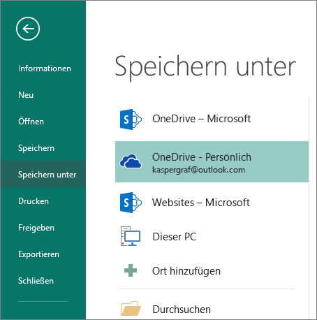 Screenshot der Seite "Speichern unter" in der Backstage-Ansicht von Publisher