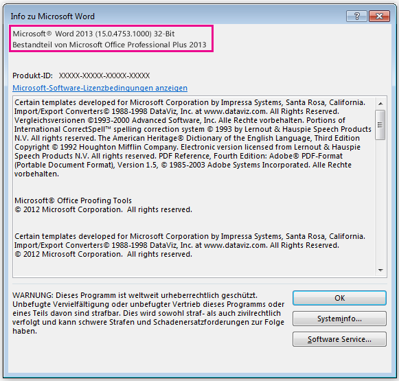 Fenster "Infos zu Word 2013"