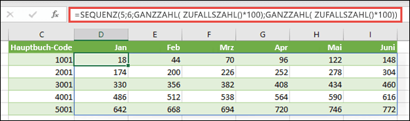 Beispiel für SEQUENZ, geschachtelt mit GANZZAHL und ZUFALLSZAHL, zum Erstellen eines Beispiel-Datasets