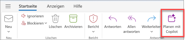 Zeigt die Outlook-Symbolleiste mit hervorgehobener Schaltfläche „Zeitplan mit Copilot“ an.