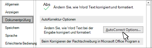 Schaltfläche "AutoKorrektur-Optionen" im Dialogfeld "Korrekturhilfe"