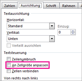 'An Zellgröße anpassen' auf der Registerkarte 'Ausrichtung' im Dialogfeld 'Zellen formatieren'