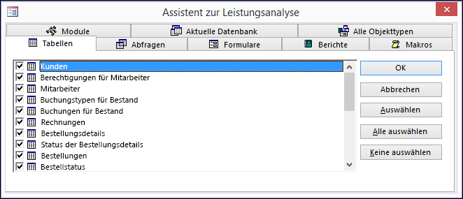 Das Dialogfeld "Assistent zur Leistungsanalyse" in Access