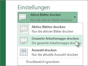 Klicken Sie unter 'Einstellungen' auf 'Gesamte Arbeitsmappe drucken'