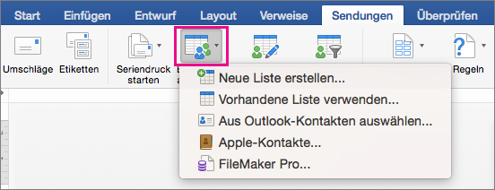 Auf der Registerkarte "Sendungen" ist "Empfänger auswählen" mit einer Liste von Optionen hervorgehoben.