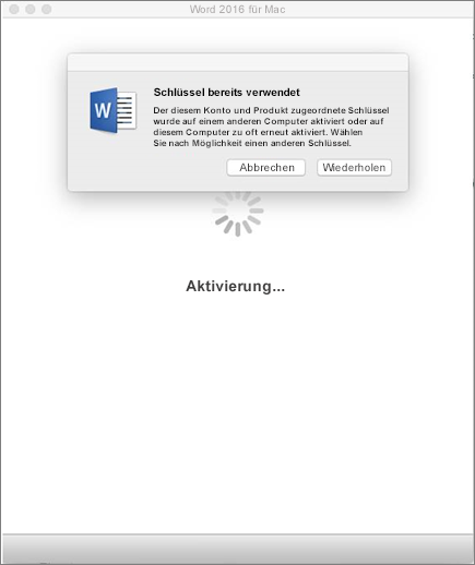 Meldung "Schlüssel bereits verwendet" beim Aktivieren von Office 2016 für Mac