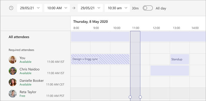 Screenshot der Zeitzonenansicht des Zeitplanungs-Assistenten in Teams