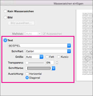Das Dialogfeld "Wasserzeichen einfügen" mit hervorgehobenen Textoptionen