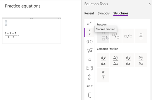 Wählen Sie Strukturen und dann eine Kategorie aus, um verfügbare mathematische Strukturen zu durchsuchen.