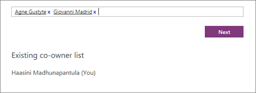 Geben Sie die Namen der Mitbesitzer ein, die dem Mitarbeiternotizbuch hinzugefügt werden sollen.