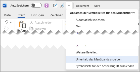 Dropdownmenü der Symbolleiste für den Schnellzugriff Über der Symbolleiste anzeigen