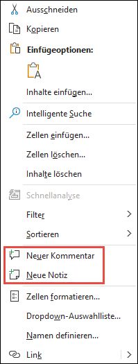 Abbildung des Excel-Kontextmenüs