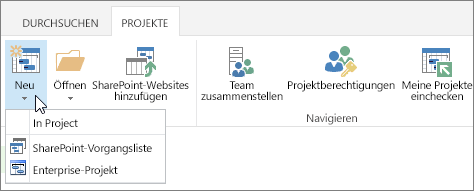 Schaltfläche "Neu" auf dem Menüband im Projektcenter