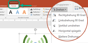 Die Befehle für "Drehung" stehen auf der Registerkarte "Format" unter "Zeichentools" auf dem Symbolleisten-Menüband zur Verfügung. Wählen Sie das Objekt aus, das Sie drehen möchten, und klicken Sie dann auf das Menüband.