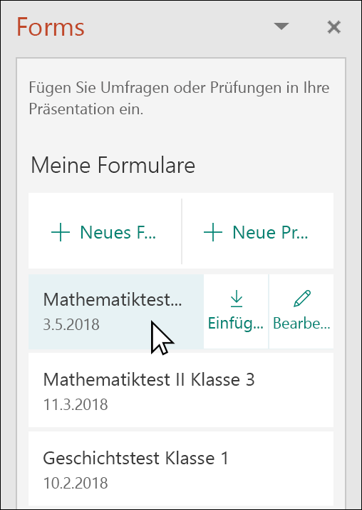 Einfügen eines Formulars oder Quiz aus dem bereich Microsoft Forms in PowerPoint