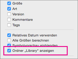 Anzeigen der Einstellung für Bibliotheksdateien in den Optionen der Ansicht "Finder"