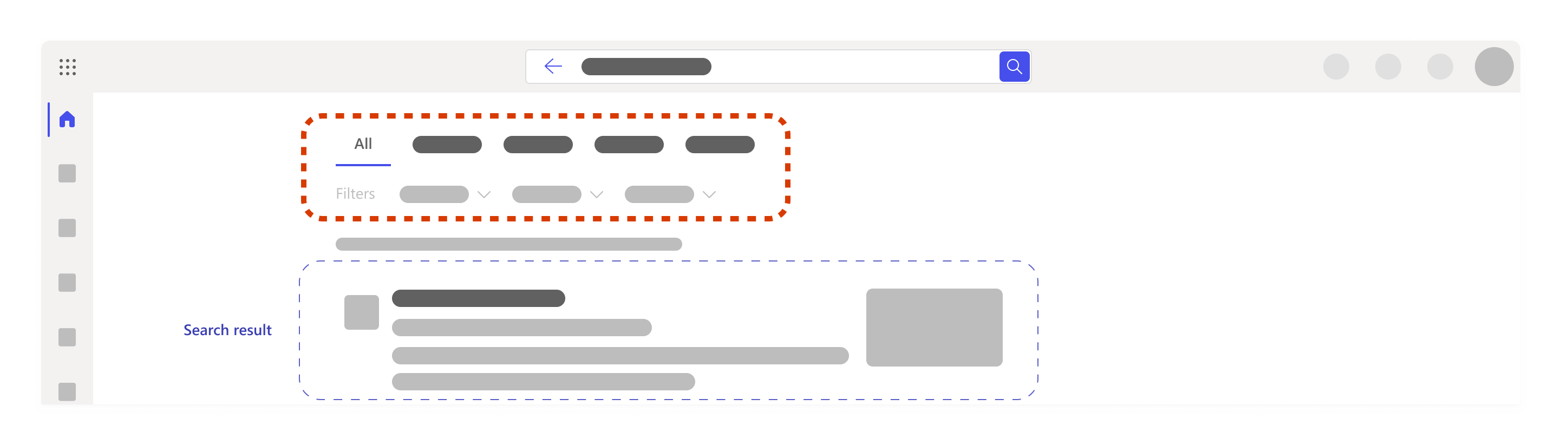 Suchergebnisseite mit Hervorhebung von Registerkarten, Filtern und Suchergebnissen.