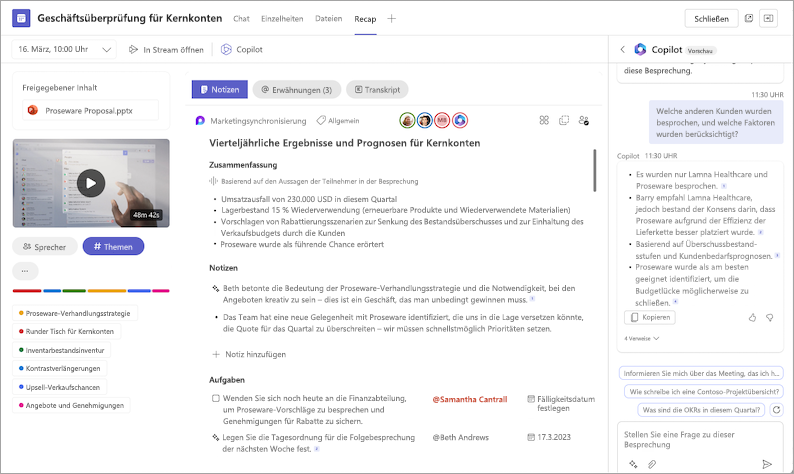 Screenshot, der die Copilot-Funktionalität in der Besprechungsübersicht von Teams zeigt