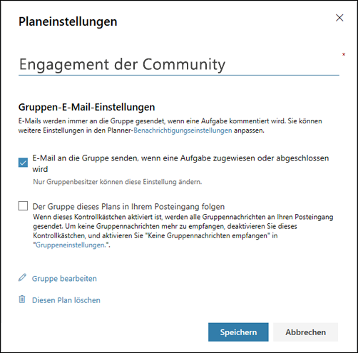 Bildschirmaufnahme: Anzeige der Einstellung "E-Mail an die Gruppe des Plans senden..." für die Planeinstellungen