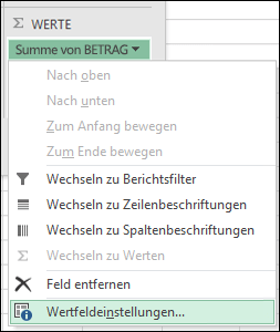 Excel-Dialogfeld "Wertfeldeinstellungen"