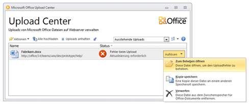 Upload Center-Menü 'Beheben'