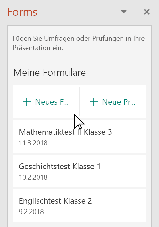 Microsoft Forms Bereich in PowerPoint