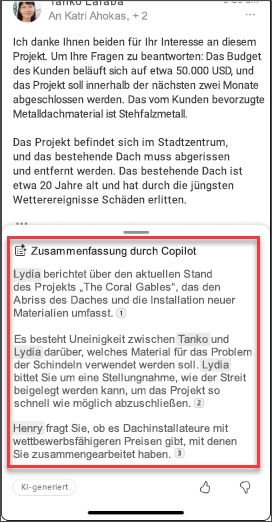 Eine E-Mail-Zusammenfassung von Copilot unter iOS und Android