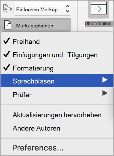 Änderungen nachverfolgen und Markup-Optionen