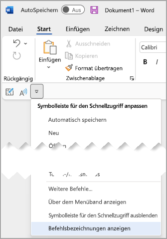 Dropdownmenü für die Symbolleiste für den Schnellzugriff: Auswählen von Befehlsbeschriftungen anzeigen