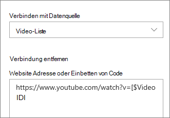 Eigenschaftenbereich "Webpart einbetten" mit verbundener Liste