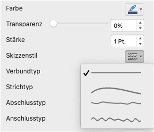 Linienformatoptionen in Mac mit ausgewählter Formatvorlage "Skizze"