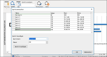 Dialogfeld "Sprint verwalten" im Vordergrund und Projekt im Hintergrund