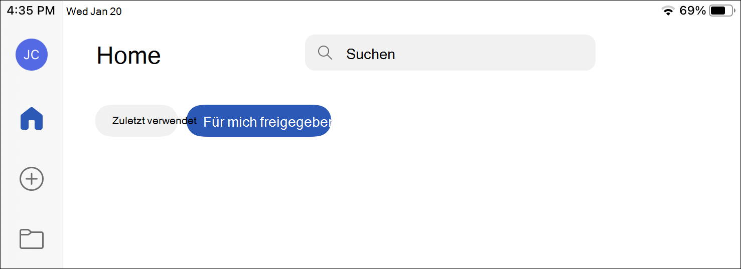 iPad-Bildschirm mit ausgewähltem Symbol "Start" und hervorgehobener Registerkarte "Für mich freigegeben".