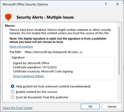 Dialogfeld "Sicherheitswarnung" aus Microsoft Excel