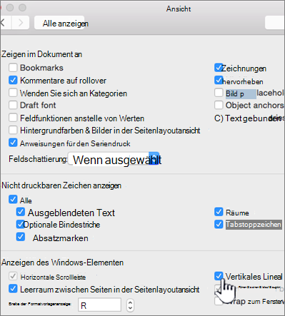 Im Dialogfeld "Ansicht" ist "Vertikales Lineal" hervorgehoben.