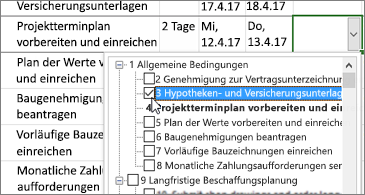 Projektplan mit einem Dropdown von Aufgaben