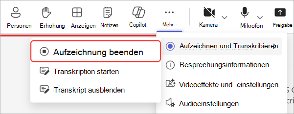 Screenshot, der zeigt, wie man die Aufnahme während einer Versammlung stoppt