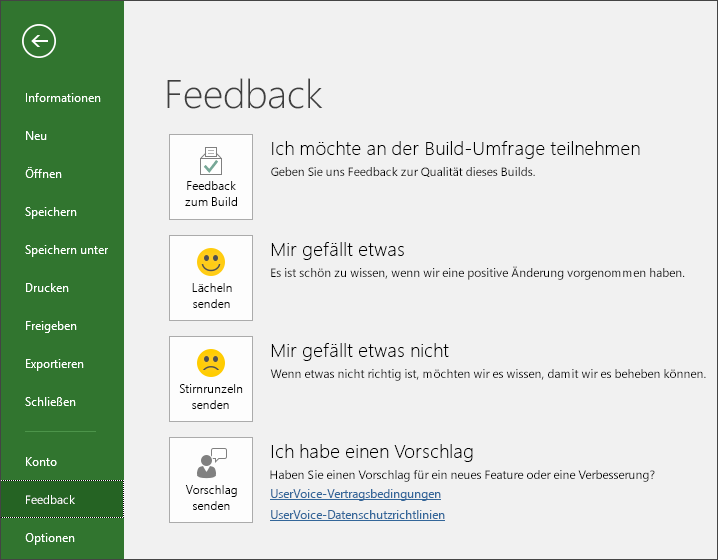 Klicken Sie auf "Datei" > "Feedback", um Kommentare oder Vorschläge zu Microsoft Project abzugeben.