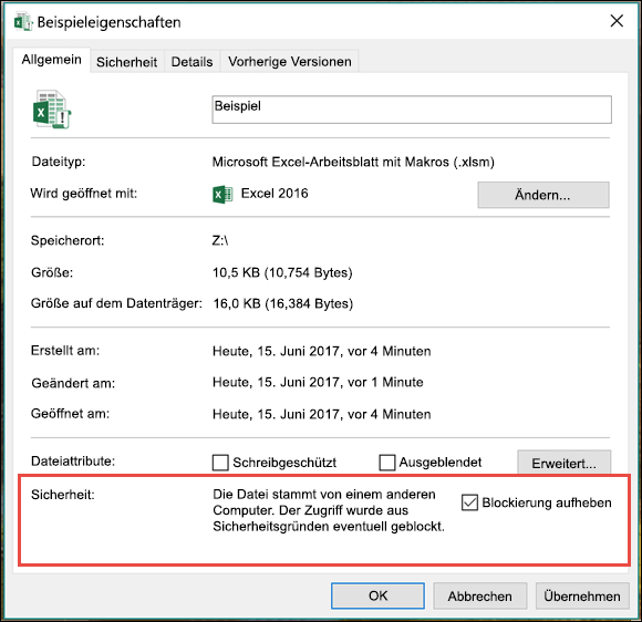 Klicken Sie im Windows-Explorer mit der rechten Maustaste, um die Sperrung der Makros aufzuheben.