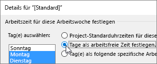 Auswählen von Tagen sowie von Arbeitstagen oder arbeitsfreien Tagen