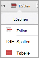 iPad: Tabelle, Menü "Löschen"