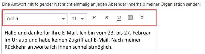 Outlook im Web – Nachricht "Automatische Antworten"