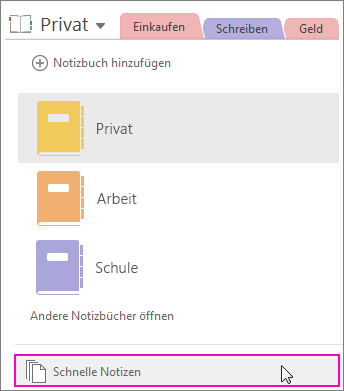 Screenshot des OneNote 2016-Notizbuchbereichs, in dem "Schnelle Notizen" hervorgehoben ist