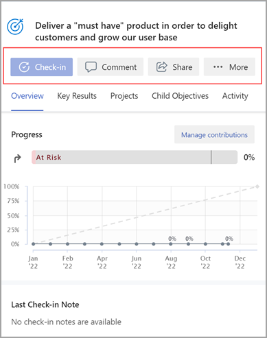 Screenshot der Schaltfläche "Einchecken" in Viva Goals