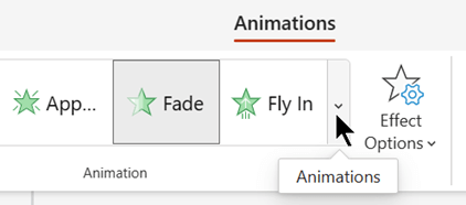 Auf der Registerkarte Animationen in PowerPoint enthält der Animationseffektkatalog eine Schaltfläche am rechten Rand zum Erweitern des Katalogs.