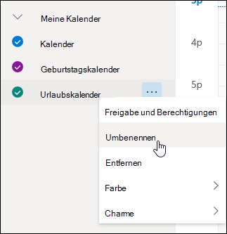 Screenshot des Kalender-Kontextmenüs, in dem „Umbennen“ ausgewählt ist.