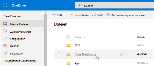 Wählen Sie unter Meine Dateien die Option Kursnotizbücher aus.